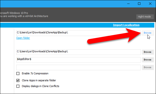 Выбор каталога резервной копии в CloneApp