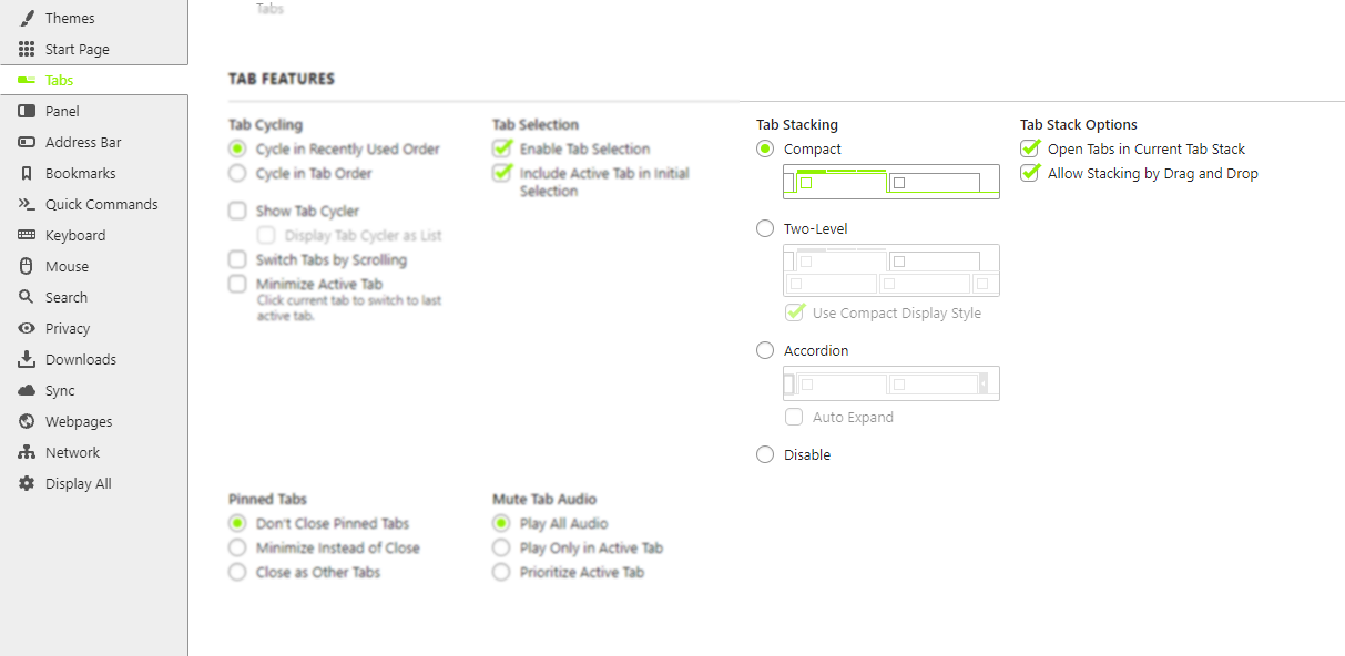 Страница настроек Vivaldi с вкладками