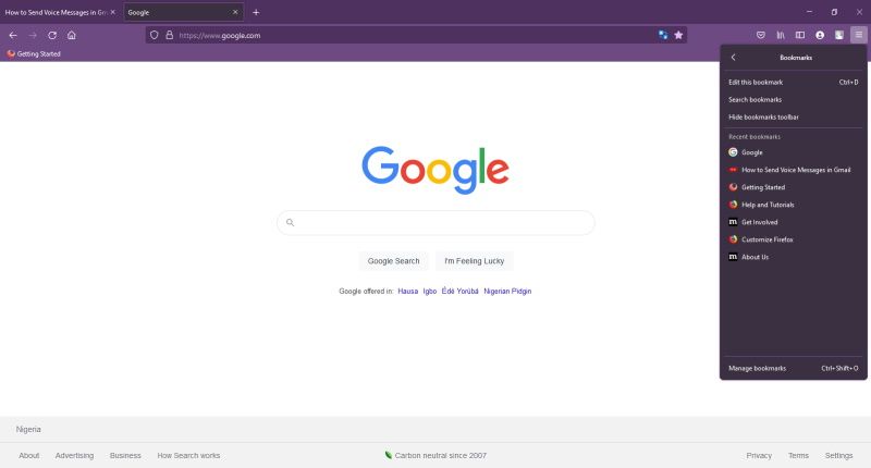 Окно управления закладками Firefox