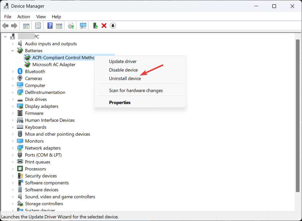 Удаление драйвера батареи в Диспетчере устройств