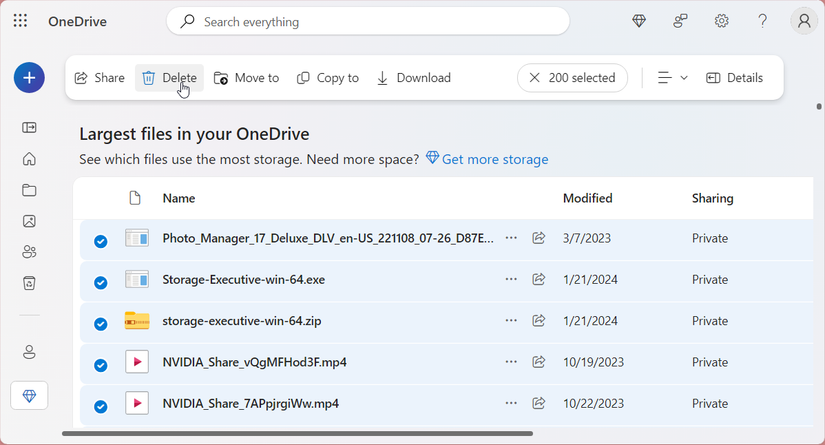 Список самых крупных файлов в OneDrive с выбранными элементами
