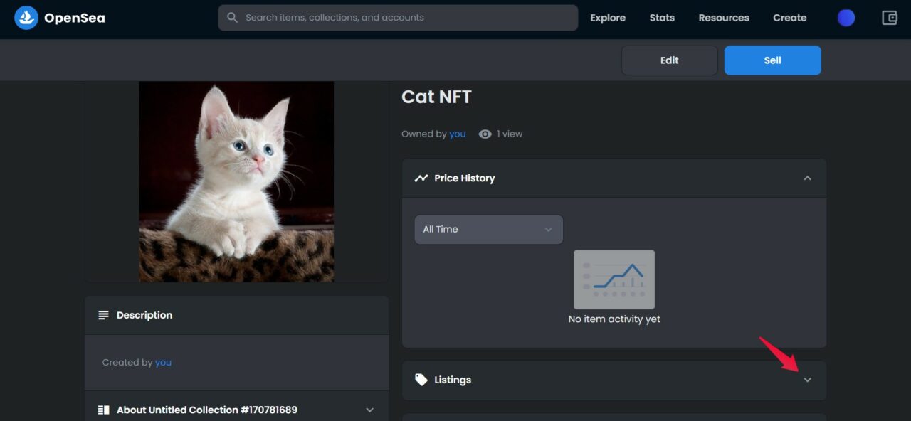 Выпадающее меню опций листинга NFT