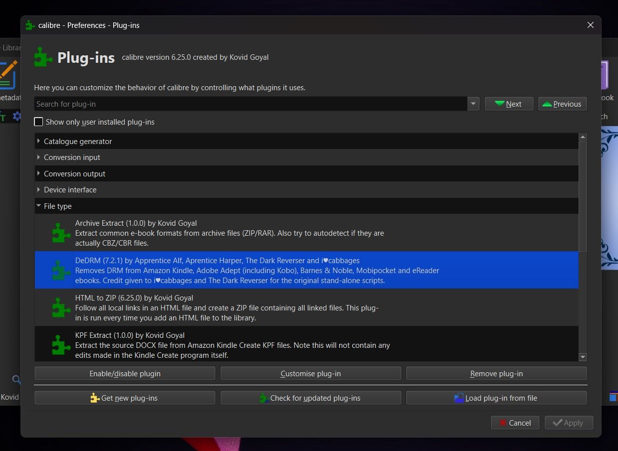 Selecting DeDRM From Calibre's Plug-In File Types