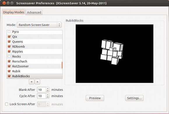 Окно конфигурации XScreenSaver