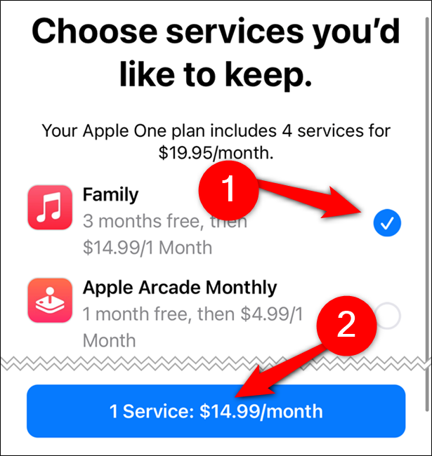 Выбор отдельных сервисов и подтверждение новой цены