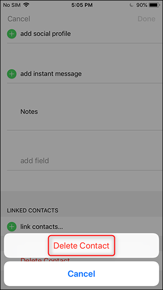 Диалог подтверждения удаления контакта
