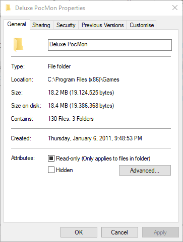 Окно свойств папки