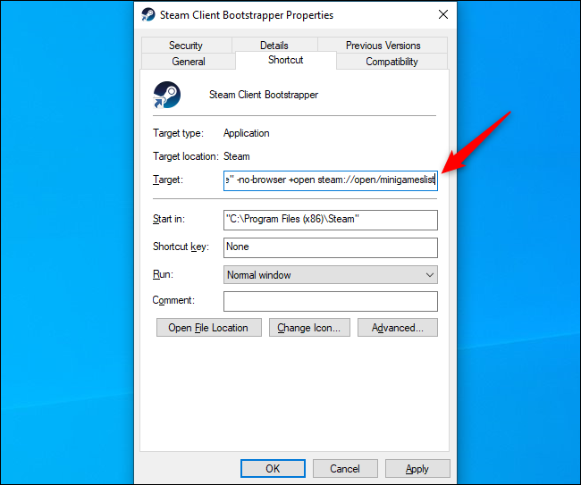 Добавление параметров командной строки в поле 'Объект'