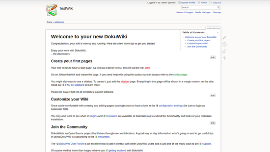 Панель управления DokuWiki после входа