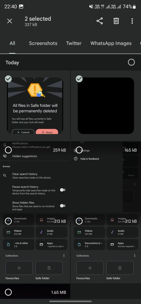 Выбор файлов для перемещения в Безопасную папку