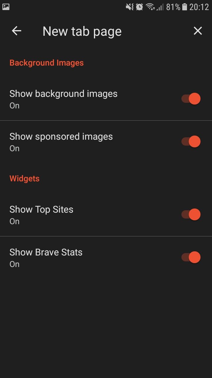 Настройки фона Brave на мобильном устройстве — загрузка своей картинки