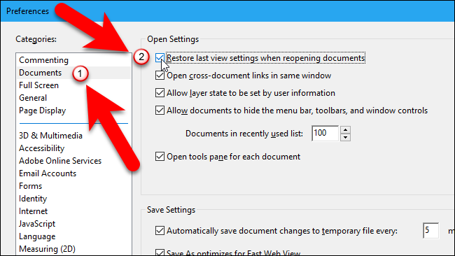 Настройка «Restore last view settings when reopening documents» в Adobe Reader