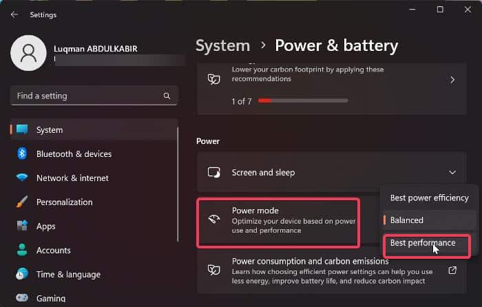 Interface de seleção do modo de energia no Windows 11 mostrando opções de desempenho e economia