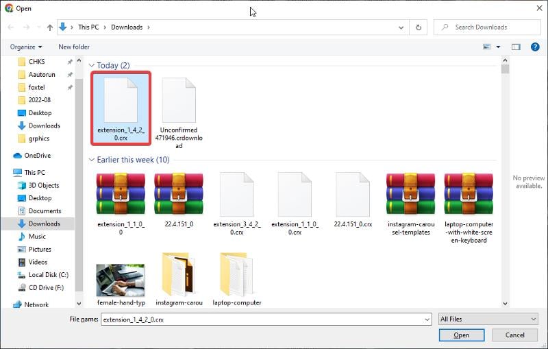 Выбор расширения для извлечения