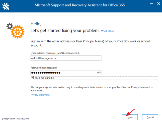 Окно входа в рабочую учётную запись Office 365 для продолжения диагностики