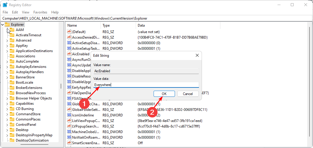 Смена значения AicEnabled на Anywhere в реестре