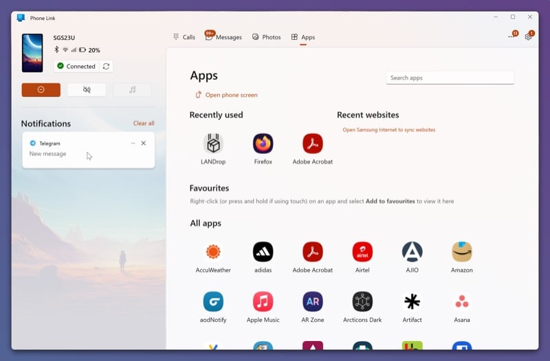Вкладка с приложениями, установленных на подключённом Android