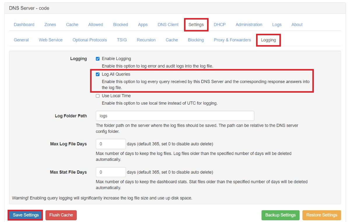 Экран настроек с включённым логированием запросов