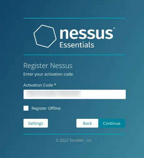 Ввод кода активации Nessus