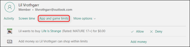 Ограничения приложений и игр в Microsoft Family Group