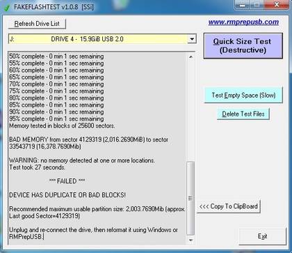 captura de tela do FakeFlashTest mostrando verificação de capacidade.