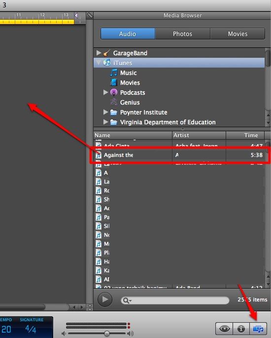 Добавление песни из iTunes в GarageBand