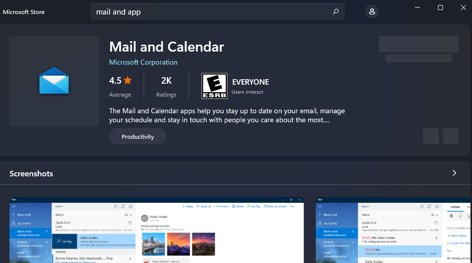 Страница Mail and Calendar в Microsoft Store