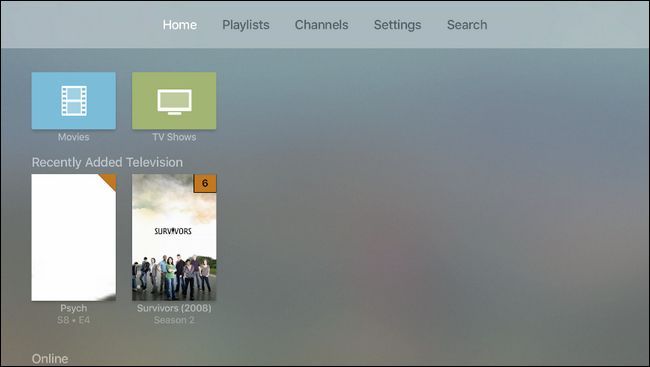 Главный экран приложения Plex на Apple TV — разделы медиатеки