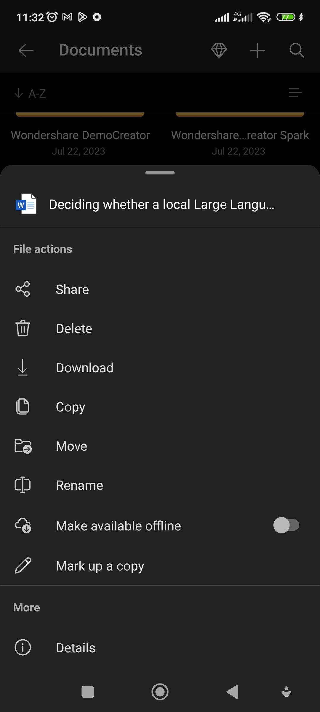 скачивание файла в мобильном приложении OneDrive