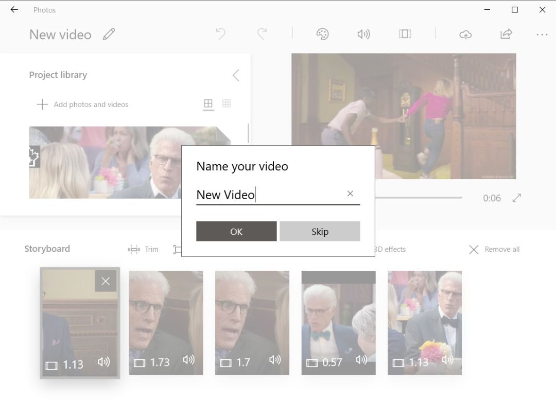 Введите имя проекта в Windows Photos