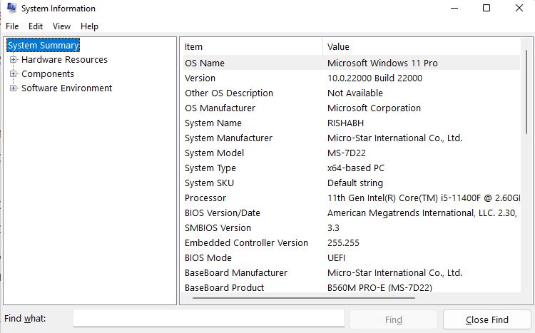 Инструмент сведений о системе в Windows