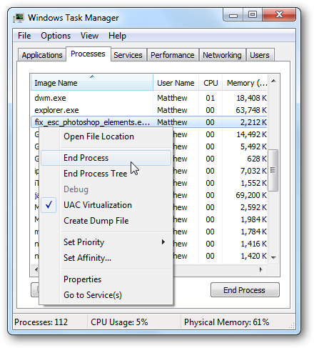 Изображение: Окно Диспетчера задач — как завершить процесс fix_esc_photoshop.exe