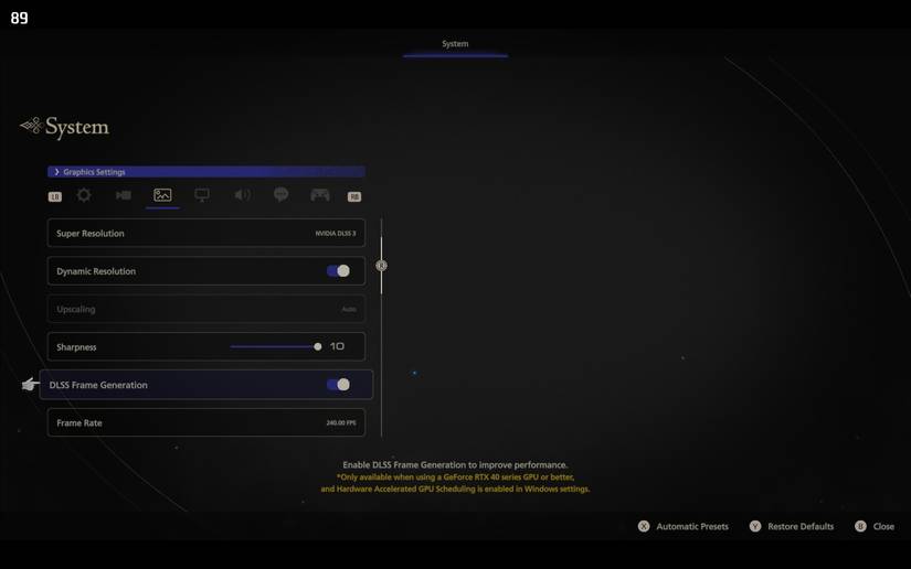 Параметр генерации кадров DLSS в демо FFXVI