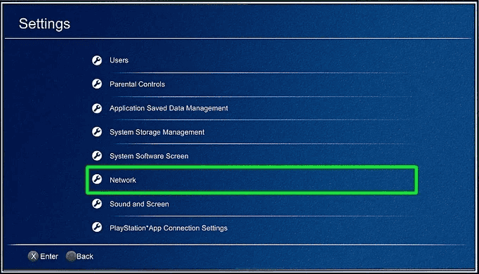 Меню 'Сеть' в настройках PS4