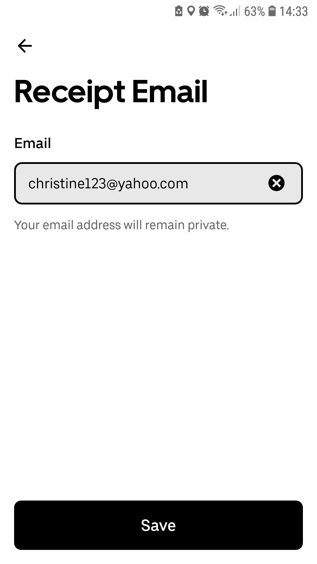 Экран приложения Uber — адрес электронной почты для квитанций