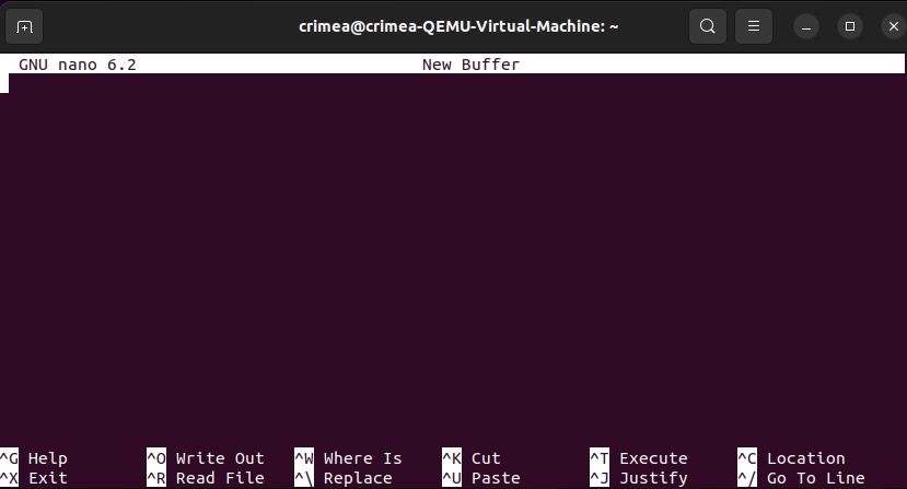 Текстовый редактор GNU nano, открытый в терминале