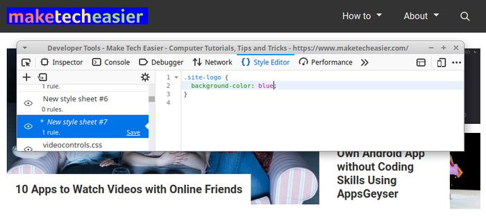 Пример изменения фонового цвета и отладки элемента в режиме живой правки
