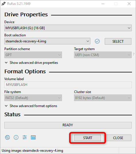 Процесс создания загрузочной флешки через Rufus — нажмите Start и подтвердите удаление данных