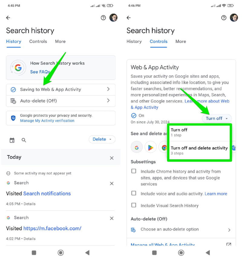 Отключить сохранение Web & App Activity