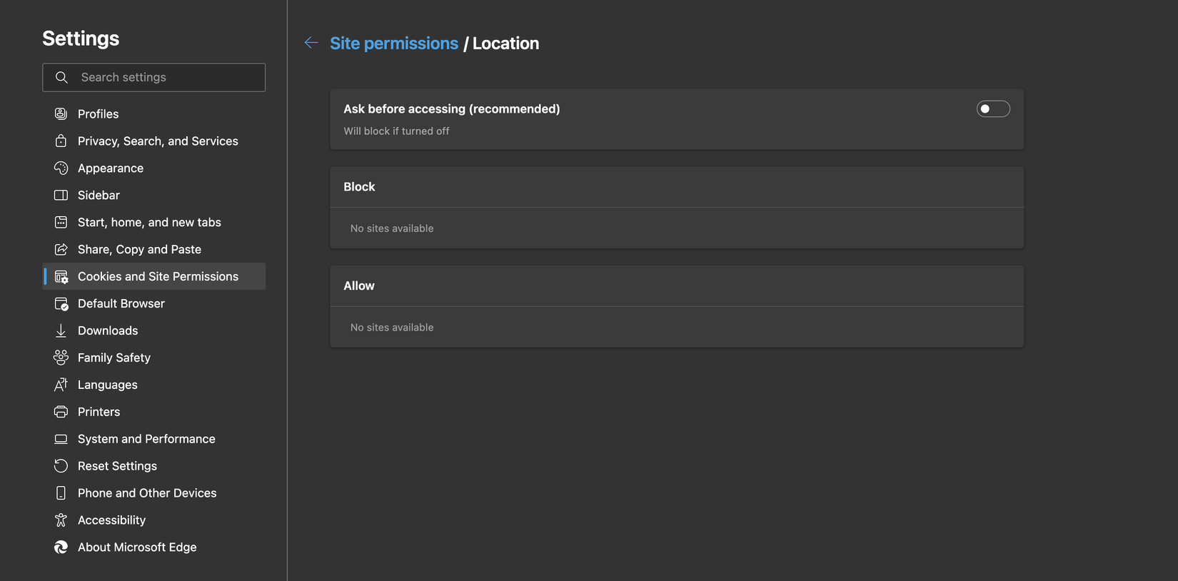 Разрешения местоположения в Edge
