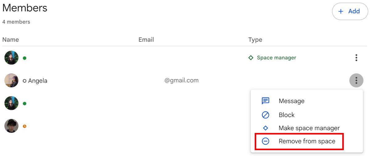 Меню участника — опция удалить из пространства