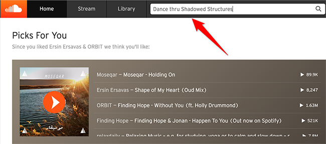 Ищите трек на сайте SoundCloud, введя название или исполнителя.