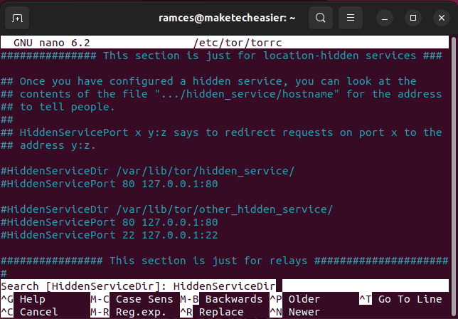 Изображение: редактирование torrc для добавления Hidden Service