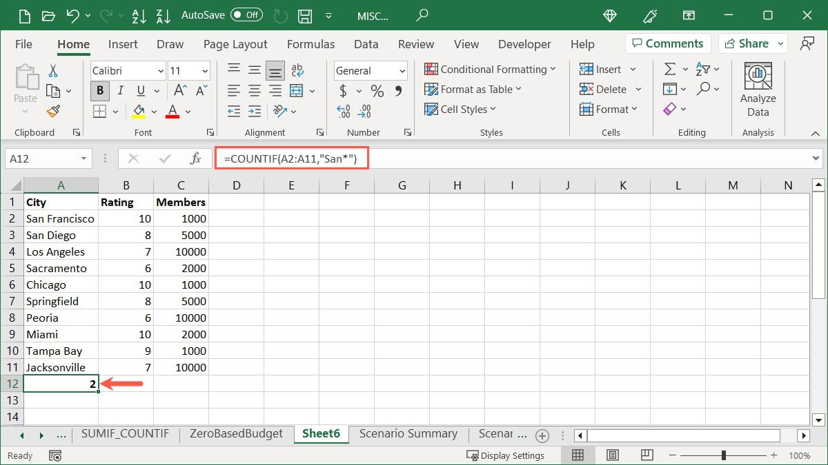 COUNTIF с шаблоном San* для поиска префикса
