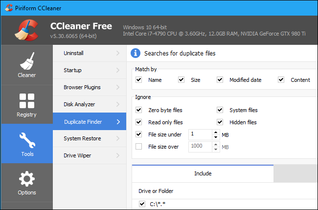 Окно CCleaner с разделом инструментов