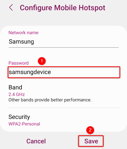 Страница настройки пароля мобильной точки доступа в Android.