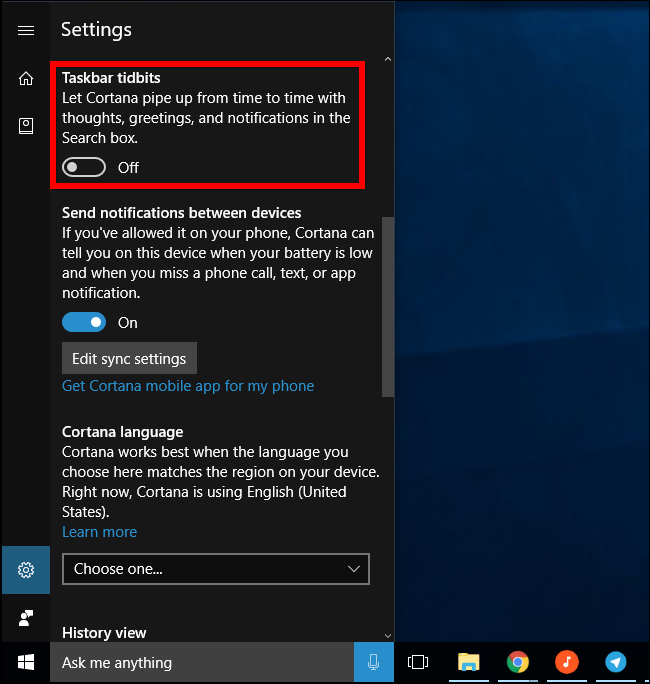 Параметры Cortana в меню поиска