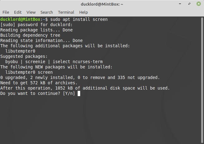 Установка screen в терминале