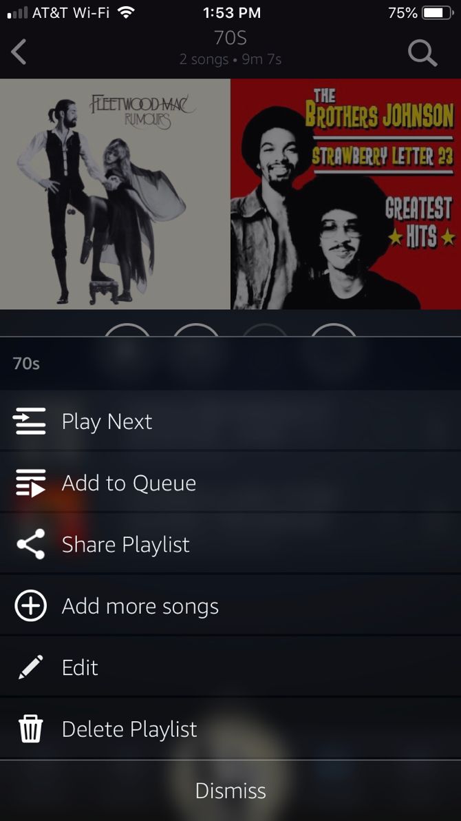 Меню плейлиста Amazon Music на iPhone