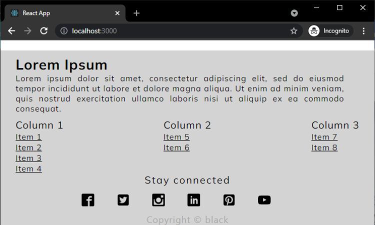 React приложение с футером, использующим все пропы для настройки внешнего вида